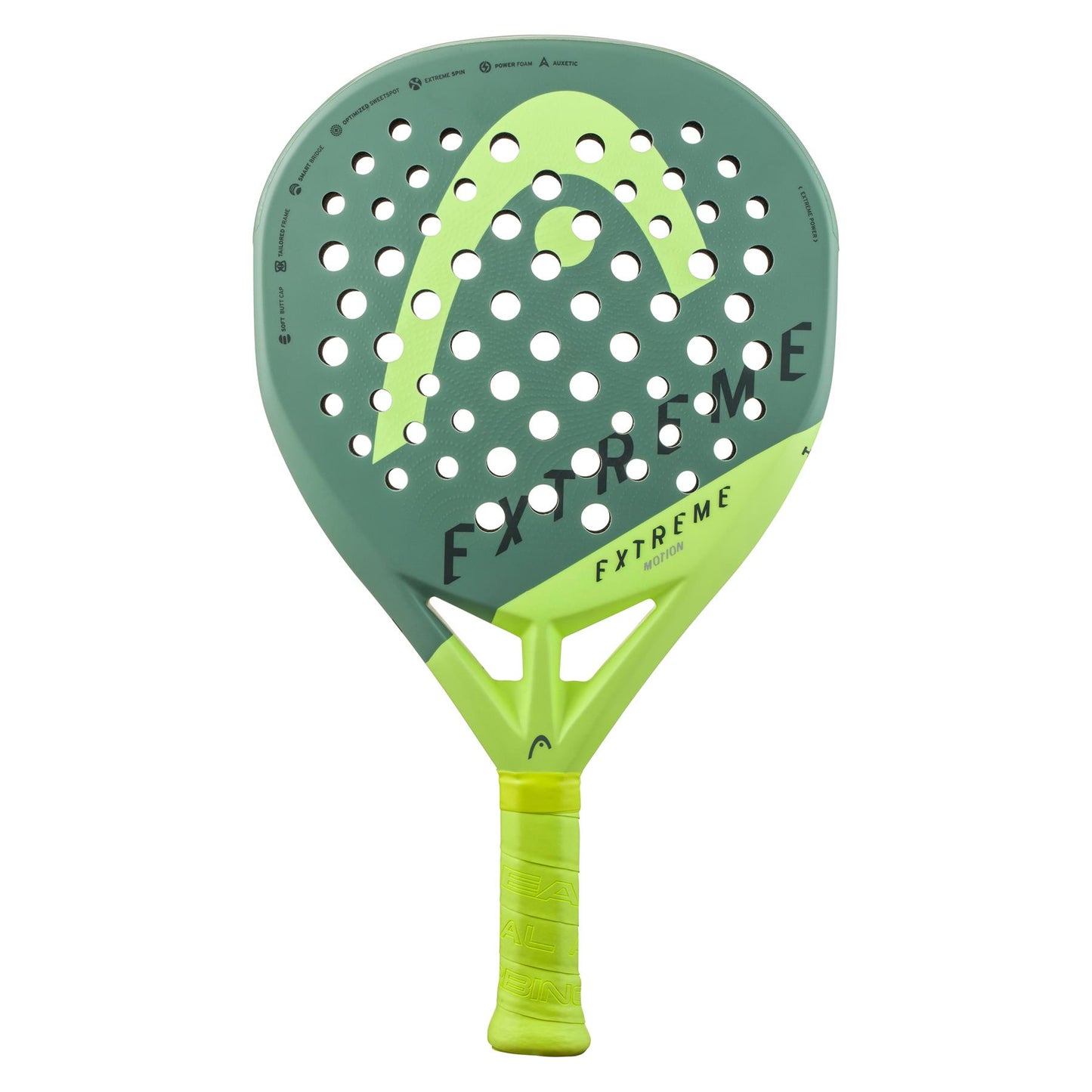 The HEAD Extreme Elite 2023 Padel Racket in green features an advanced perforated design and a textured handle. Enhanced with Auxetic technology, this racket promises superior performance on the court.