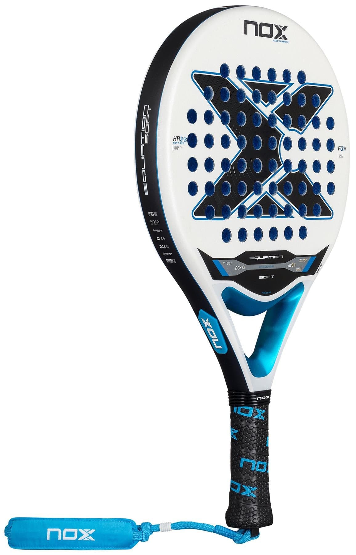 The NOX Equation Soft Advanced 2026 Padel Racket by NOX features a white, blue, and black design with a large "X" pattern, perforated holes, anti-vibration system, black and blue grip, and a blue wrist strap.