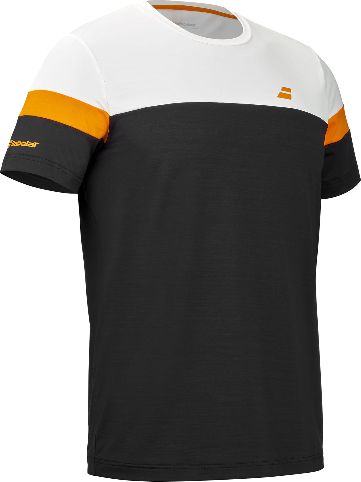 Combining a classic Babolat Crew Neck style with contemporary flair, the Babolat Crew Neck Mens Padel T-Shirt - Black features a white upper section, vibrant orange stripe along the shoulders, and a black lower body. Made from technical fabric for optimal comfort and performance on the court, this short-sleeve t-shirt is detailed with a subtle orange logo on the chest and “Babolat” text on the left sleeve.