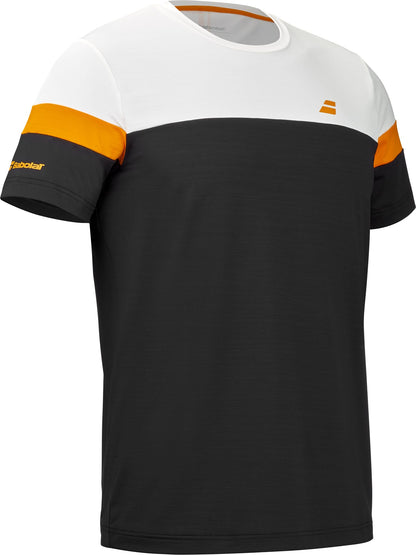 Combining a classic Babolat Crew Neck style with contemporary flair, the Babolat Crew Neck Mens Padel T-Shirt - Black features a white upper section, vibrant orange stripe along the shoulders, and a black lower body. Made from technical fabric for optimal comfort and performance on the court, this short-sleeve t-shirt is detailed with a subtle orange logo on the chest and “Babolat” text on the left sleeve.