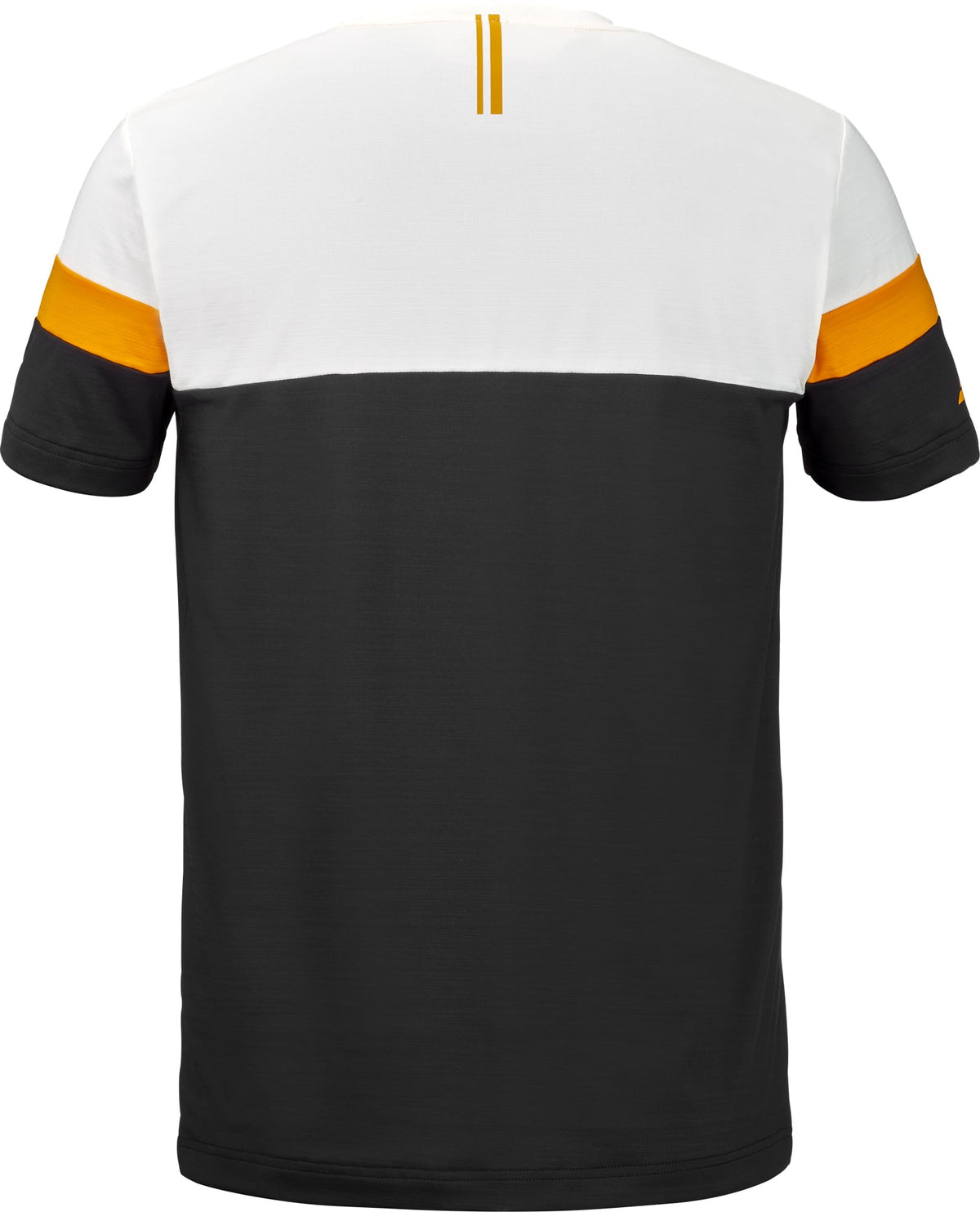 Rear view of the Babolat Crew Neck Mens Padel T-Shirt in black by Babolat, made from technical fabric, displaying a white upper panel, black lower section, and an orange stripe on each sleeve near the shoulder.