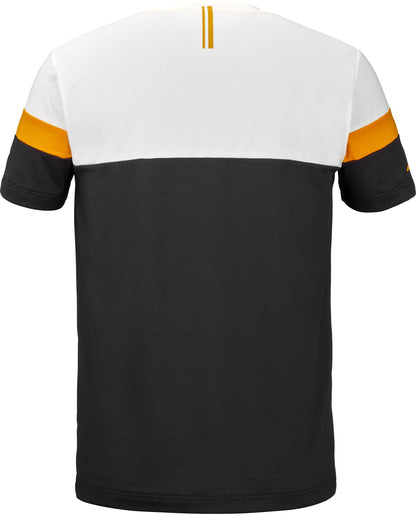 Rear view of the Babolat Crew Neck Mens Padel T-Shirt in black by Babolat, made from technical fabric, displaying a white upper panel, black lower section, and an orange stripe on each sleeve near the shoulder.