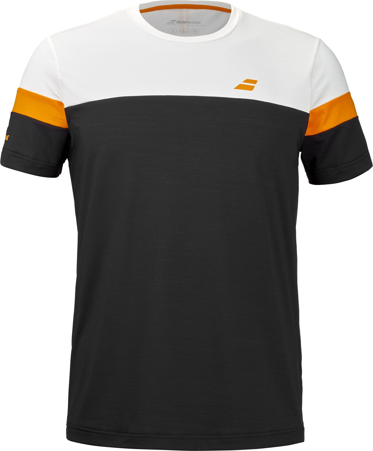 The Babolat Crew Neck Men’s Padel T-Shirt - Black features a stylish colorblock design with a white upper section, orange sleeve bands, and a dark gray lower half. Made from technical fabric to ensure optimal performance, this Babolat t-shirt is finished with subtle orange logos on the left chest and sleeve.