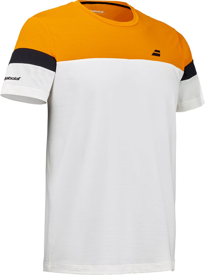 The Babolat Crew Neck Men’s Padel T-Shirt in Orange/Cream features short sleeves, a vibrant orange upper, cream-colored body, a black stripe across the sleeves, and subtle black Babolat logos on the left chest and sleeve—perfect for stylish padel wear both on and off the court.