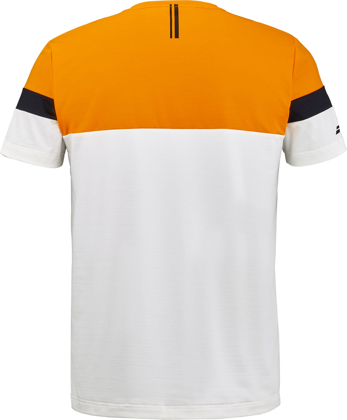 Back view of the Babolat Crew Neck Men’s Padel T-Shirt in Orange / Cream, showcasing an orange upper section, cream lower section, and black horizontal stripes on the sleeves—ideal for players looking for stylish and comfortable padel apparel by Babolat.