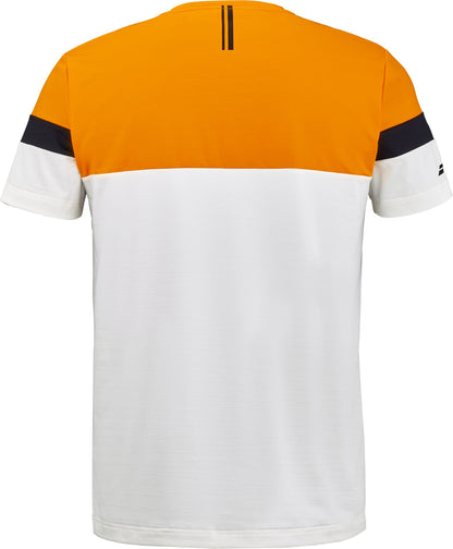 Back view of the Babolat Crew Neck Men’s Padel T-Shirt in Orange / Cream, showcasing an orange upper section, cream lower section, and black horizontal stripes on the sleeves—ideal for players looking for stylish and comfortable padel apparel by Babolat.