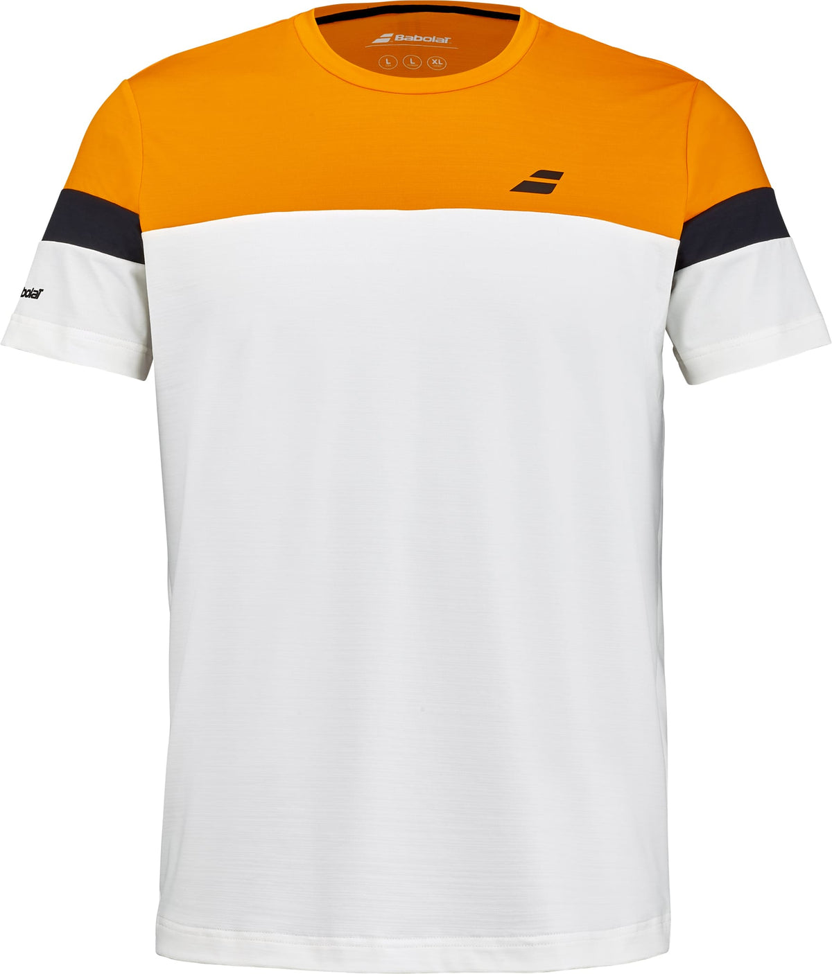 The Babolat Crew Neck Men’s Padel T-Shirt in Orange/Cream features a short-sleeve design with an eye-catching orange upper section, a bold black stripe across the chest and sleeves, and a stylish cream lower half. Distinctive details include a small black Babolat logo on the chest and the brand name on the left sleeve, making it an excellent standout option for padel apparel.