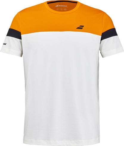 The Babolat Crew Neck Men’s Padel T-Shirt in Orange/Cream features a short-sleeve design with an eye-catching orange upper section, a bold black stripe across the chest and sleeves, and a stylish cream lower half. Distinctive details include a small black Babolat logo on the chest and the brand name on the left sleeve, making it an excellent standout option for padel apparel.