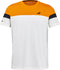 The Babolat Crew Neck Men’s Padel T-Shirt in Orange/Cream features a short-sleeve design with an eye-catching orange upper section, a bold black stripe across the chest and sleeves, and a stylish cream lower half. Distinctive details include a small black Babolat logo on the chest and the brand name on the left sleeve, making it an excellent standout option for padel apparel.