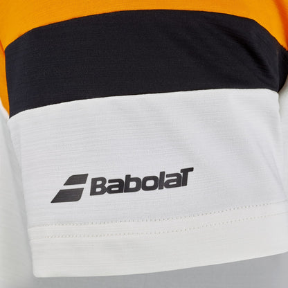 A close-up of the Babolat Crew Neck Men’s Padel T-Shirt in orange and cream, featuring bold color blocks. The cream section displays the Babolat logo in black, showcasing this stylish crew neck tee designed by Babolat for padel players.
