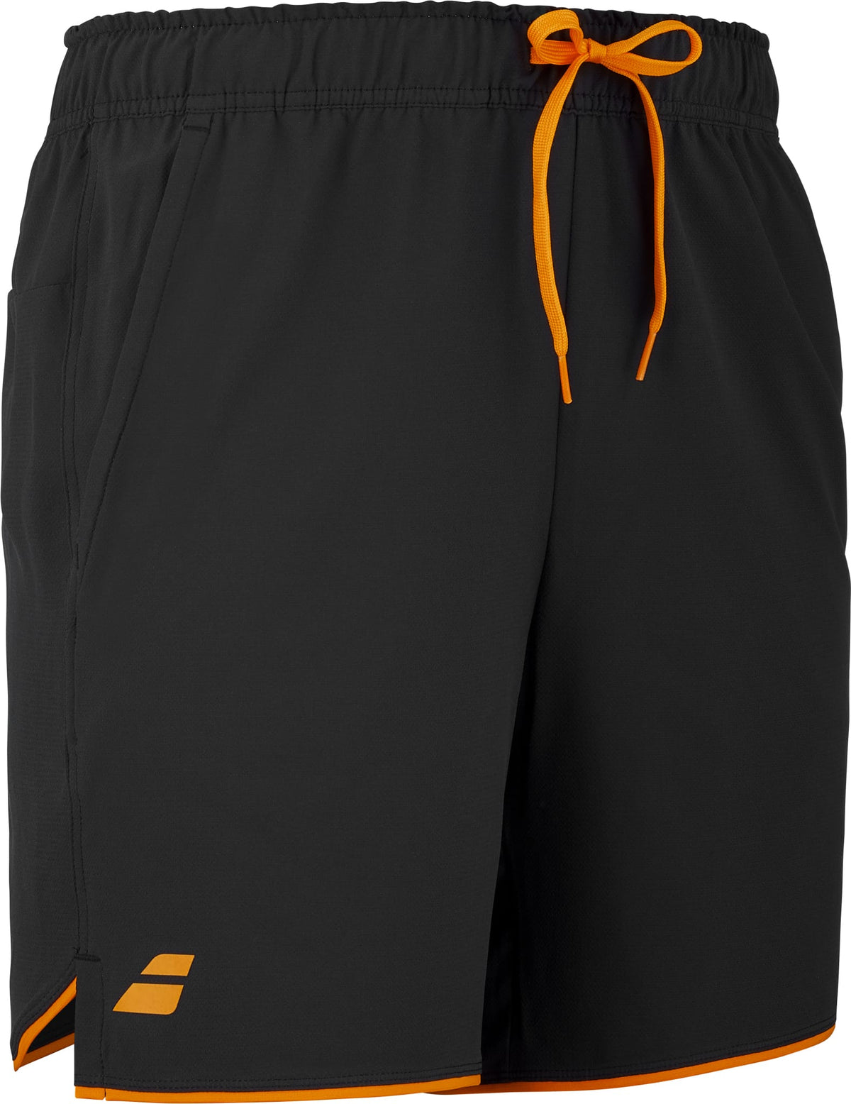 The Babolat Perf Men’s Padel Shorts in black feature an elastic waistband, bright orange drawstring, orange accents, and a subtle orange Babolat logo near the hem. Designed for active pursuits like padel, these men’s sports shorts offer convenient side pockets and a slightly slit hem on one side for enhanced movement.