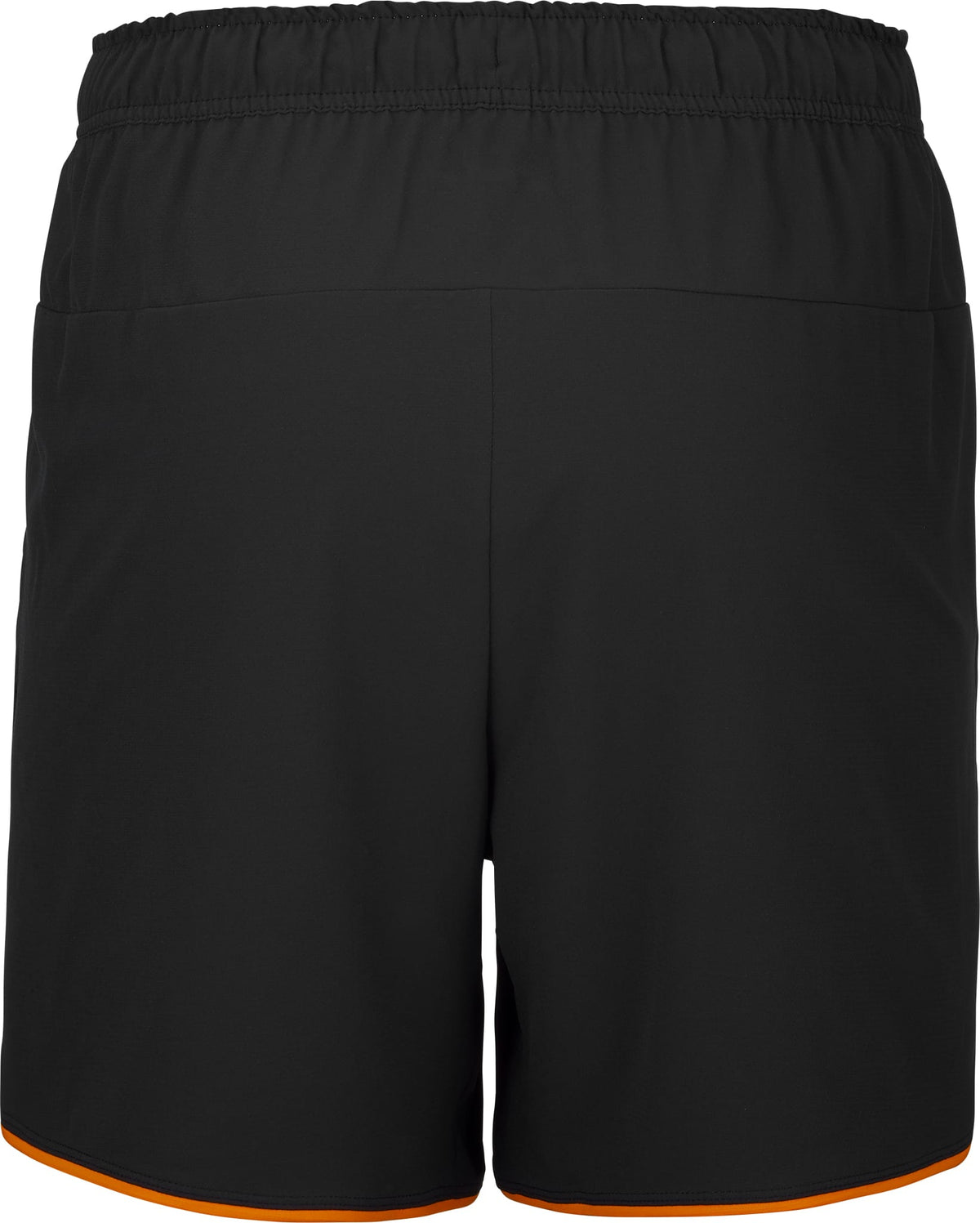 These black Babolat Perf Men’s Padel Shorts are shown from the back, featuring an elastic waistband and orange trim along the bottom edge. Designed by Babolat, these men’s sports shorts provide comfort and style for padel players.