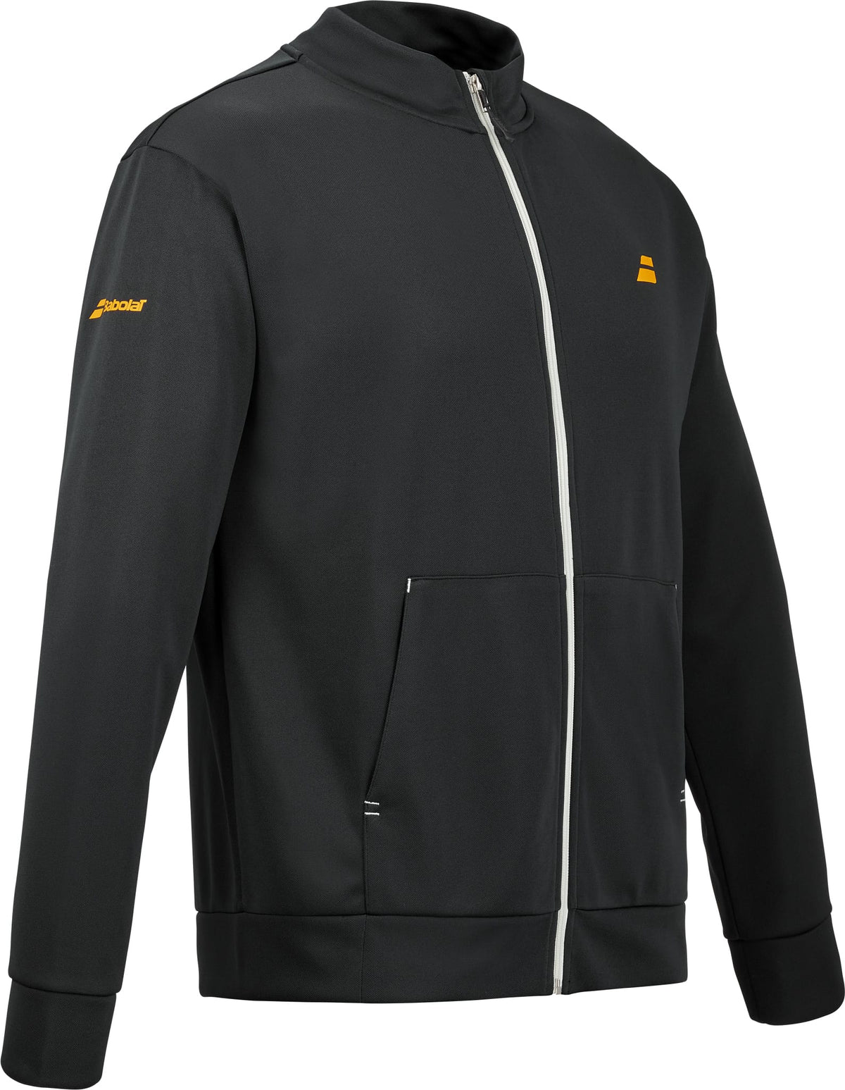 The Babolat Perf Mens Padel Jacket in Black by Babolat features a sleek zip-up design with two front pockets, a high collar, and striking yellow logo accents on the chest and left sleeve. Designed for style and performance, this lightweight, breathable padel jacket is finished with a contrasting white zipper—making it an ideal choice for men who want to stand out both on and off the court.