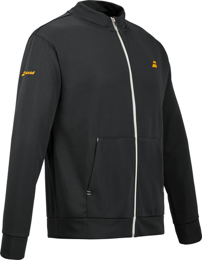 The Babolat Perf Mens Padel Jacket in Black by Babolat features a sleek zip-up design with two front pockets, a high collar, and striking yellow logo accents on the chest and left sleeve. Designed for style and performance, this lightweight, breathable padel jacket is finished with a contrasting white zipper—making it an ideal choice for men who want to stand out both on and off the court.
