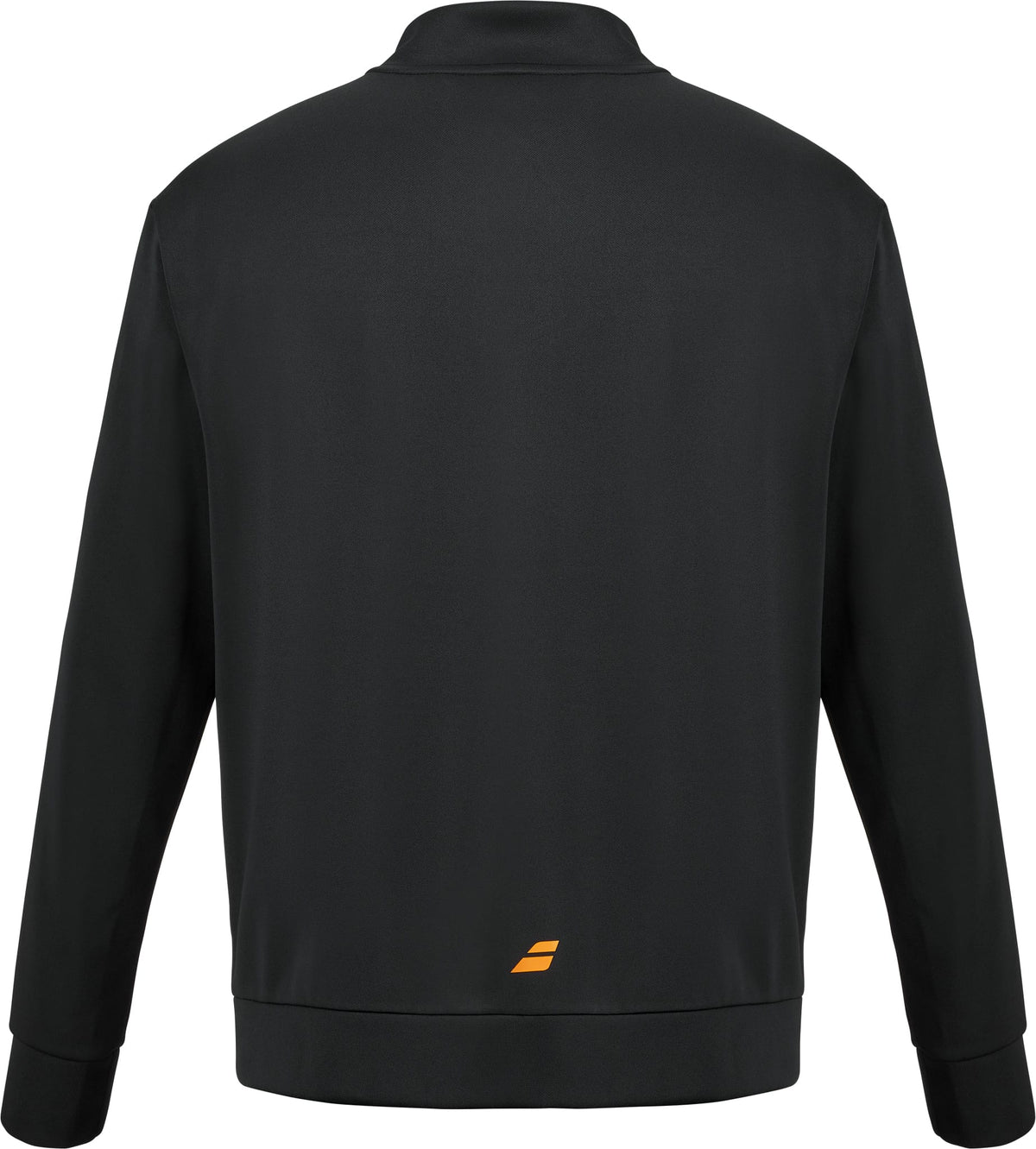 The Babolat Perf Mens Padel Jacket - Black, by Babolat, is pictured from the back. It features long sleeves and a small orange logo near the bottom center. This lightweight, breathable padel jacket is crafted for comfort and performance on court.