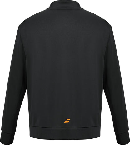 The Babolat Perf Mens Padel Jacket - Black, by Babolat, is pictured from the back. It features long sleeves and a small orange logo near the bottom center. This lightweight, breathable padel jacket is crafted for comfort and performance on court.