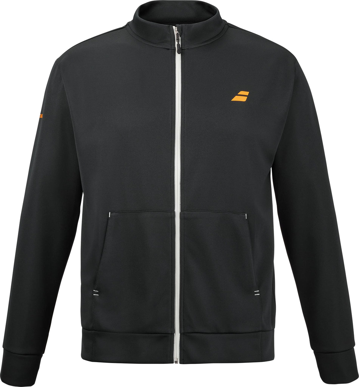 Introducing the Babolat Perf Men’s Padel Jacket in black—a lightweight and breathable jacket designed for comfort on or off the court. This Babolat track jacket features a high collar, front pockets, and a distinct white zipper that stands out against the dark fabric. A small orange Babolat logo accents both the left chest and left sleeve for subtle brand detailing.