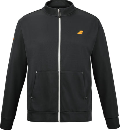 Introducing the Babolat Perf Men’s Padel Jacket in black—a lightweight and breathable jacket designed for comfort on or off the court. This Babolat track jacket features a high collar, front pockets, and a distinct white zipper that stands out against the dark fabric. A small orange Babolat logo accents both the left chest and left sleeve for subtle brand detailing.