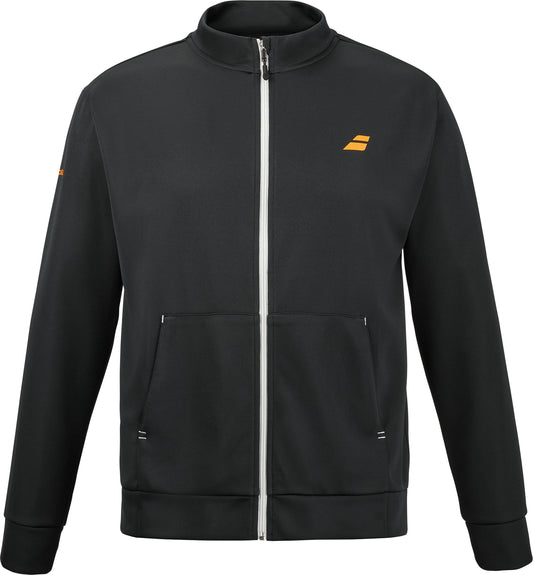 Introducing the Babolat Perf Men’s Padel Jacket in black—a lightweight and breathable jacket designed for comfort on or off the court. This Babolat track jacket features a high collar, front pockets, and a distinct white zipper that stands out against the dark fabric. A small orange Babolat logo accents both the left chest and left sleeve for subtle brand detailing.