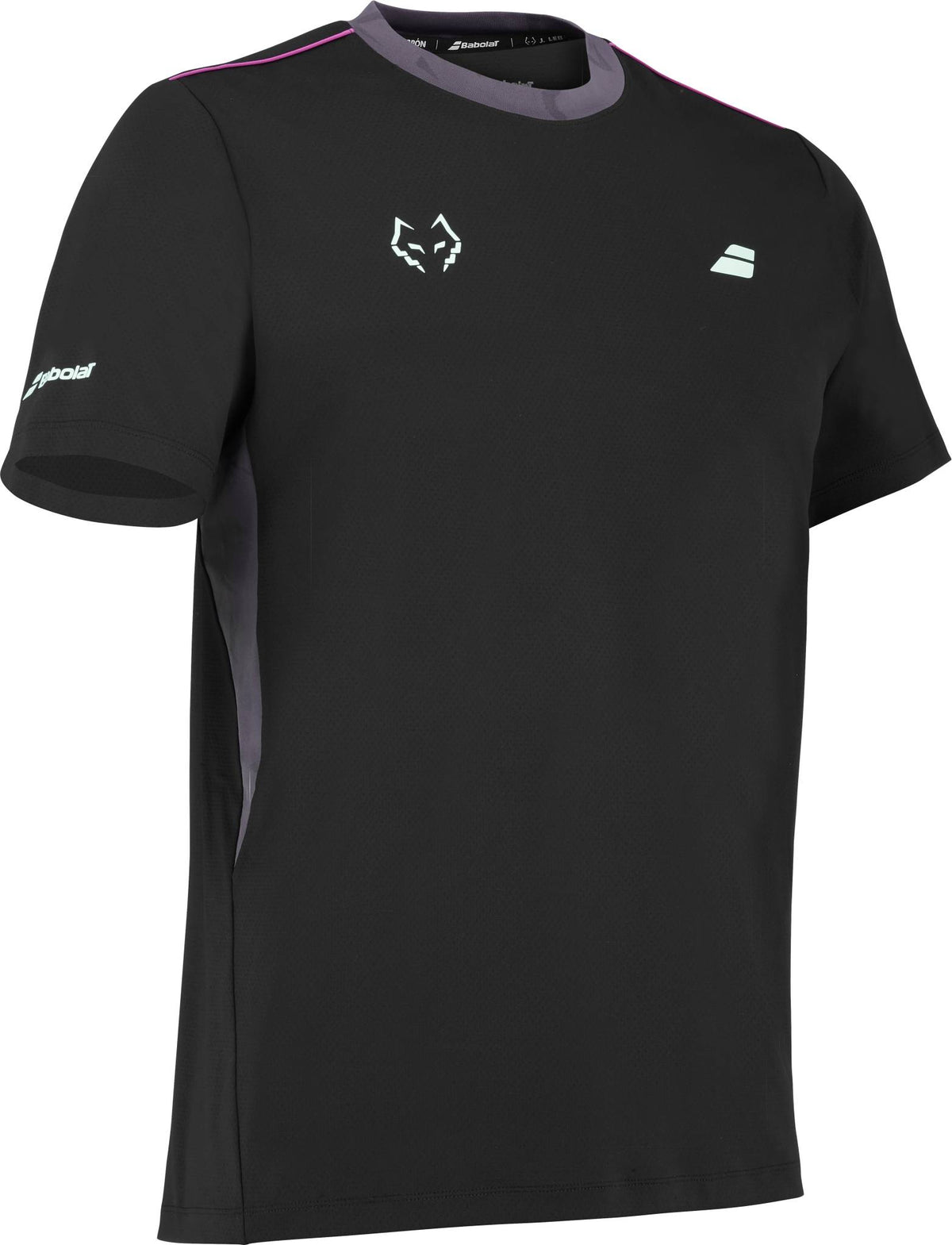 The Babolat Juan Lebron Crew Neck Mens Padel T-Shirt - Black features short sleeves, small white logos on chest and sleeve, and stylish purple accents for a comfortable, breathable sportswear option.