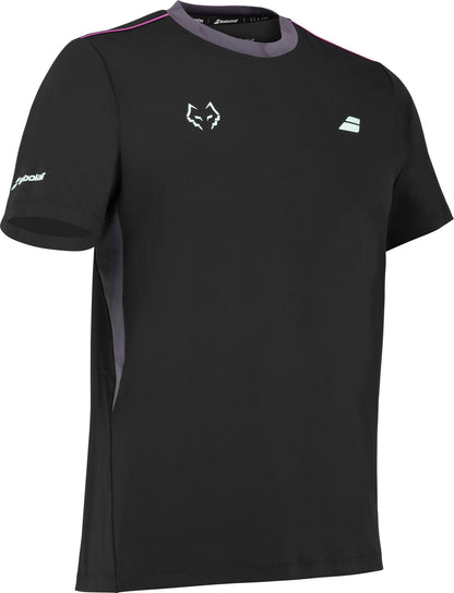 The Babolat Juan Lebron Crew Neck Mens Padel T-Shirt - Black features short sleeves, small white logos on chest and sleeve, and stylish purple accents for a comfortable, breathable sportswear option.