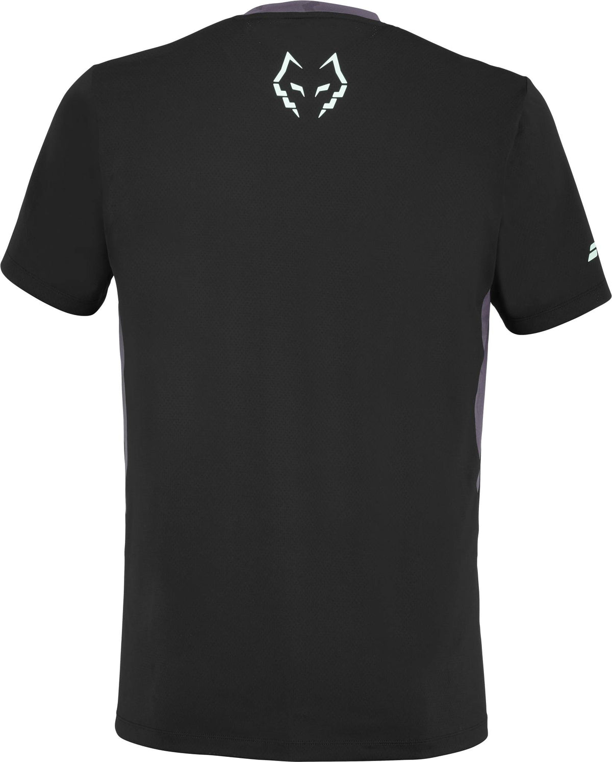 Black Babolat Juan Lebron Crew Neck Mens Padel T-Shirt shown from the back, with a white stylized fox head logo near the neckline and a small white logo on the left sleeve.