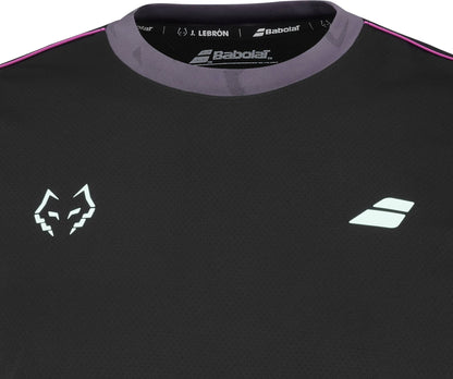 The Babolat Juan Lebron Crew Neck Mens Padel T-Shirt - Black features a white fox head logo, geometric emblem, “J. Lebrón” branding, and purple-pink trim—ideal as a breathable padel t-shirt.