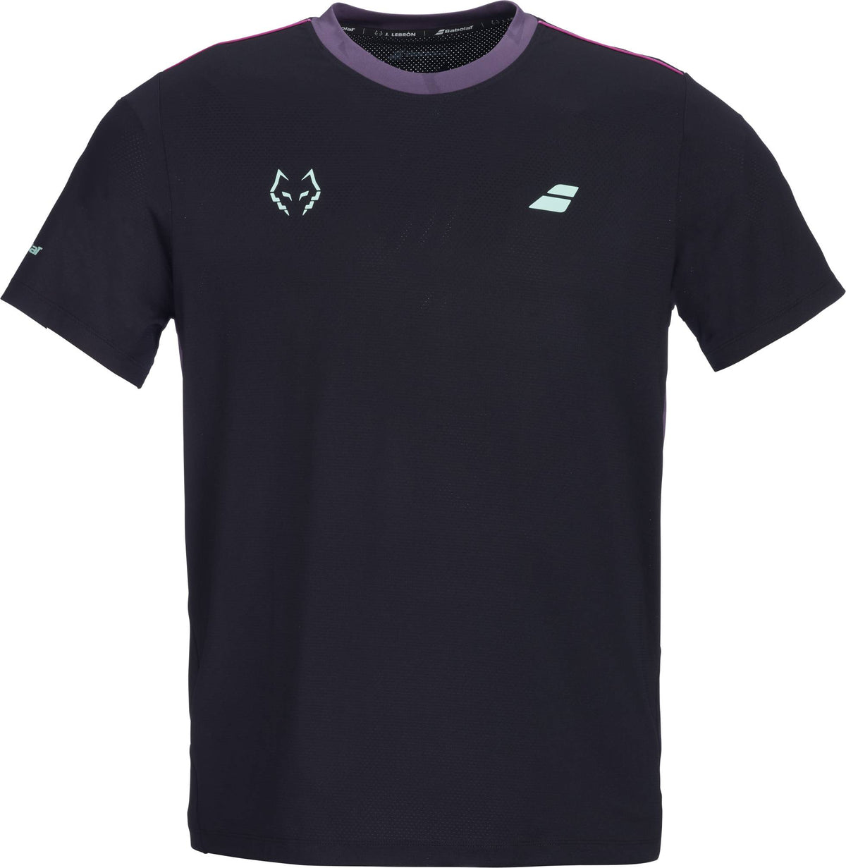 The Babolat Juan Lebron Crew Neck Mens Padel T-Shirt - Black features breathable fabric, a white fox head logo on the left chest, a white “S” on the right, and subtle purple trim—perfect for padel.