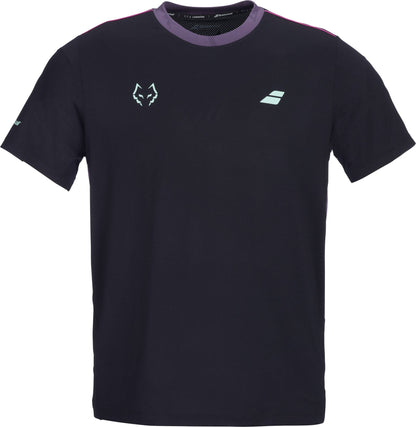 The Babolat Juan Lebron Crew Neck Mens Padel T-Shirt - Black features breathable fabric, a white fox head logo on the left chest, a white “S” on the right, and subtle purple trim—perfect for padel.