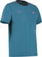 The Babolat Juan Lebron Crew Neck Mens Padel T-Shirt - Legion Blue features quick-drying fabric, black side panels, and pink logos—ideal for staying stylish and comfortable during intense padel matches.