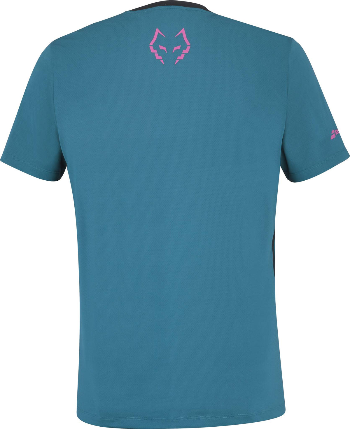 The Babolat Juan Lebron Crew Neck Mens Padel T-Shirt - Legion Blue features a small pink fox logo near the upper back collar, a pink logo on the left sleeve, and quick-drying fabric for comfort.