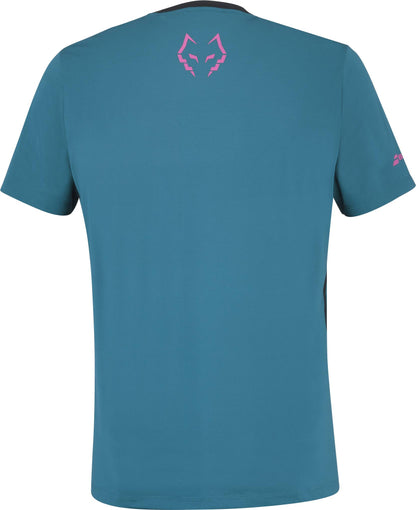 The Babolat Juan Lebron Crew Neck Mens Padel T-Shirt - Legion Blue features a small pink fox logo near the upper back collar, a pink logo on the left sleeve, and quick-drying fabric for comfort.