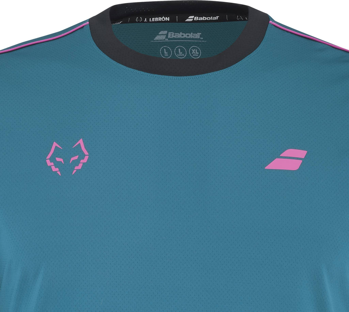 The Babolat Juan Lebron Crew Neck Mens Padel T-Shirt - Legion Blue features a black collar, pink wolf head and logo, pink shoulder stripes, and quick-drying fabric for sporty comfort.