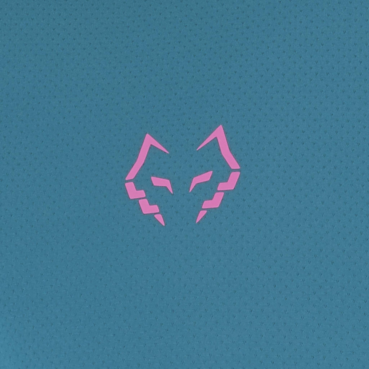 A stylized pink geometric fox or wolf face logo is centered on a textured teal background, inspired by the sleek Babolat Juan Lebron Crew Neck Mens Padel T-Shirt - Legion Blue.