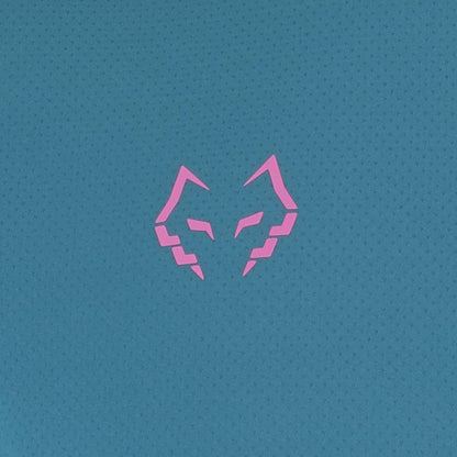 A stylized pink geometric fox or wolf face logo is centered on a textured teal background, inspired by the sleek Babolat Juan Lebron Crew Neck Mens Padel T-Shirt - Legion Blue.