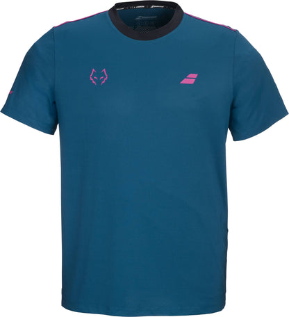 The Babolat Juan Lebron Crew Neck Mens Padel T-Shirt - Legion Blue features short sleeves, pink chest logos, a pink shoulder stripe, and quick-drying fabric.