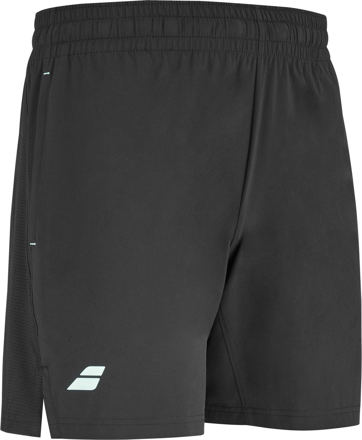 Babolat Juan Lebron Mens Padel Shorts - Black feature an elastic waistband, small white geometric logo, mesh details, and lightweight stretch fabric. Inspired by men’s padel shorts. Shown on a white background.