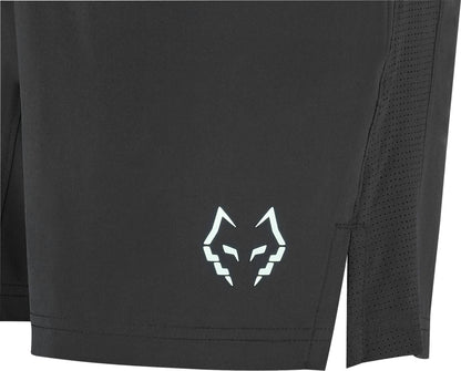 Close-up of Babolat Juan Lebron Mens Padel Shorts - Black with a white wolf head logo on the lower left leg, mesh side panels for breathability, and lightweight stretch fabric.