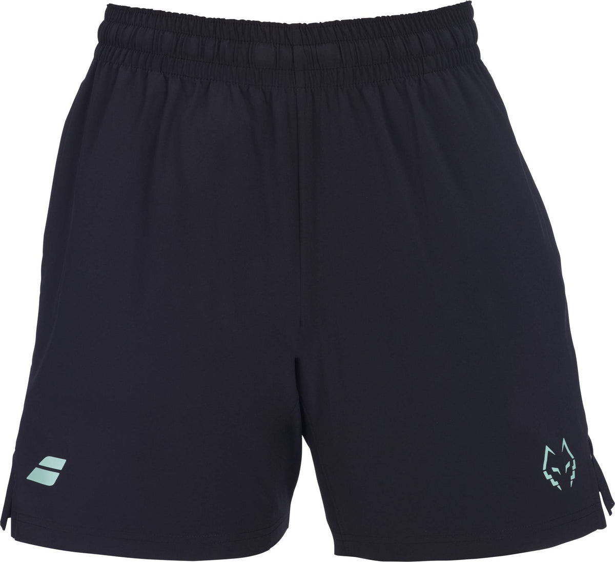 Babolat Juan Lebron Mens Padel Shorts - Black feature an elastic waistband, lightweight stretch fabric, a small light blue logo on the left leg, and a stylized fox head design on the right leg.