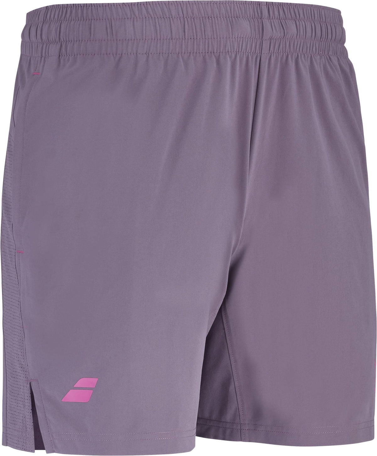 The Babolat Juan Lebron Mens Padel Shorts - Black Plum feature lightweight stretch fabric, a pink geometric logo, elastic waistband, and side slit—ideal for flexibility on the court.
