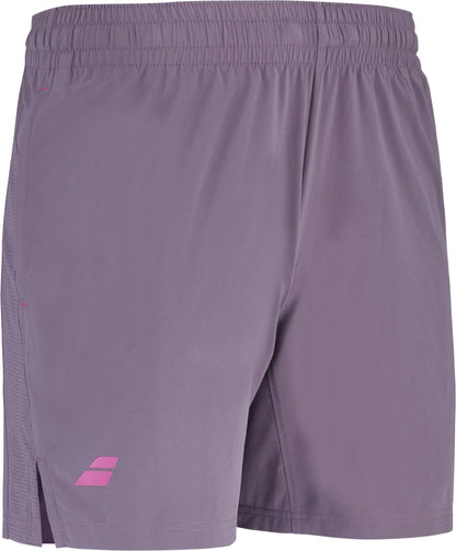 The Babolat Juan Lebron Mens Padel Shorts - Black Plum feature lightweight stretch fabric, a pink geometric logo, elastic waistband, and side slit—ideal for flexibility on the court.