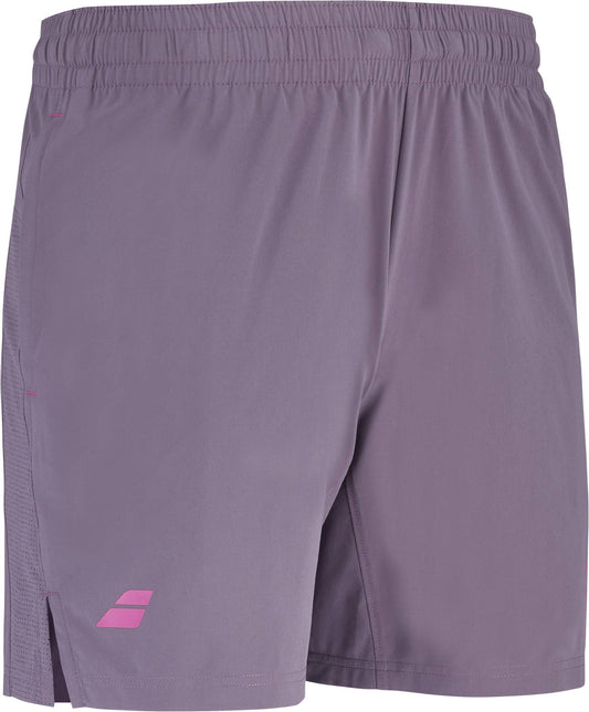 The Babolat Juan Lebron Mens Padel Shorts - Black Plum feature lightweight stretch fabric, a pink geometric logo, elastic waistband, and side slit—ideal for flexibility on the court.
