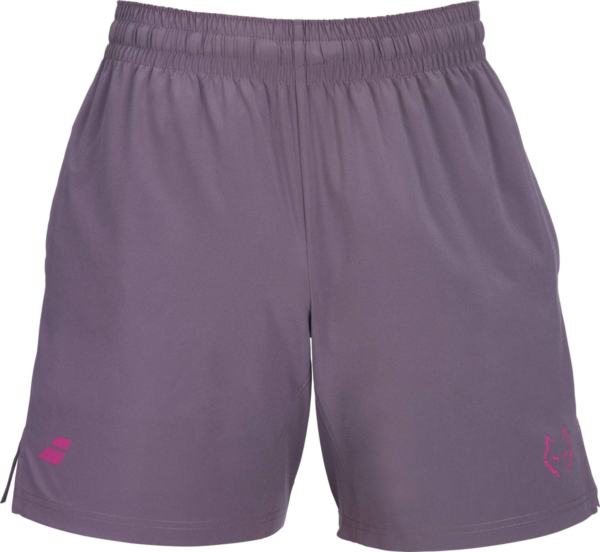 Babolat Juan Lebron Mens Padel Shorts - Black Plum by Babolat feature an elastic waistband, lightweight stretch fabric, pink geometric logo on the left leg, and a pink wolf logo on the right. Shown forward on white background.