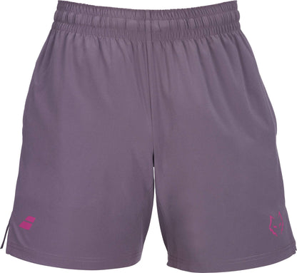 Babolat Juan Lebron Mens Padel Shorts - Black Plum by Babolat feature an elastic waistband, lightweight stretch fabric, pink geometric logo on the left leg, and a pink wolf logo on the right. Shown forward on white background.