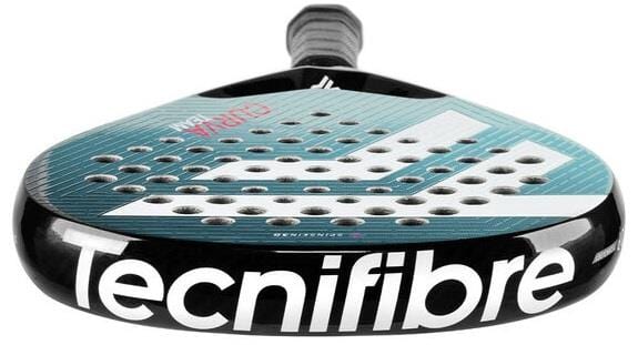 A close-up of the Tecnifibre Curva Team Padel Racket - Black / Blue showcases its Spin Skin 3D surface, multiple small holes for control, and a black handle, all in a sleek blue and black Tecnifibre design.