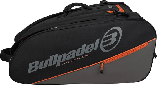 The Bullpadel BPP26014 Advance 2026 Padel Racket Bag in black and orange features a large logo, zip side pocket, and thermal racket compartments to protect your padel equipment.