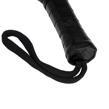 Close-up of the ADIDAS Drive Black 3.4 Padel Racket's black handle wrapped with a textured grip, perfect for beginners. It features a coiled wrist strap and has a glossy finish akin to high-quality fibreglass craftsmanship.