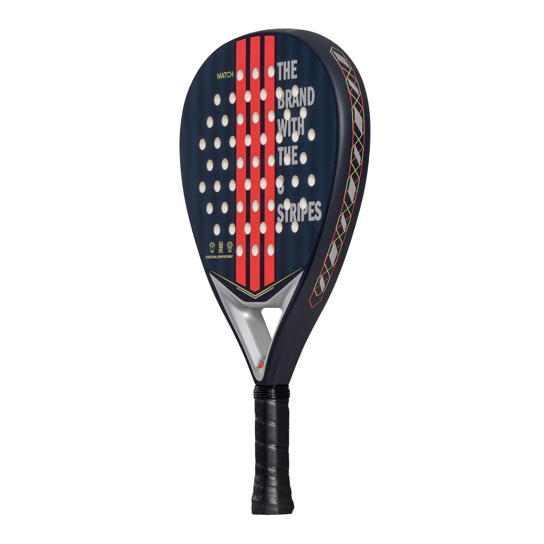 The adidas Match Blue 3.4 Padel Racket combines an AllRound head shape with a striking red-striped design on a dark background. "THE BRAND WITH THE STRIPES" highlights the face, and a black grip tape accompanies the vivid side pattern.