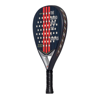 The adidas Match Blue 3.4 Padel Racket combines an AllRound head shape with a striking red-striped design on a dark background. "THE BRAND WITH THE STRIPES" highlights the face, and a black grip tape accompanies the vivid side pattern.