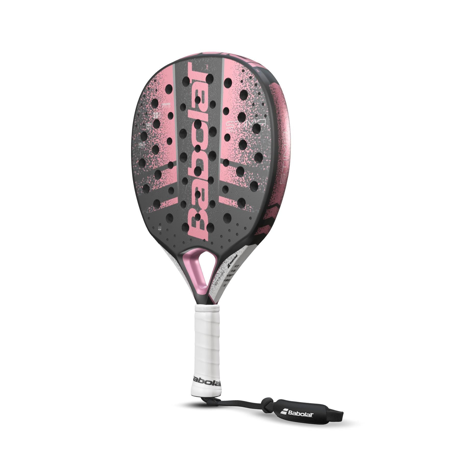 The Babolat Stima Spirit Padel Racket in black and coral is a lightweight option featuring a white handle and black wrist strap. Its perforated surface optimizes maneuverability and enhances aerodynamics.